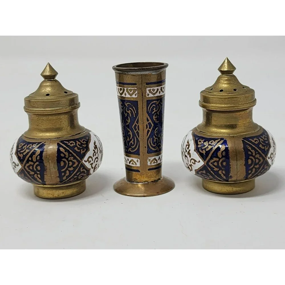 Vintage‎ Brass Gold Salt And Pepper Shakers Tray Toothpick Holder Unmarked